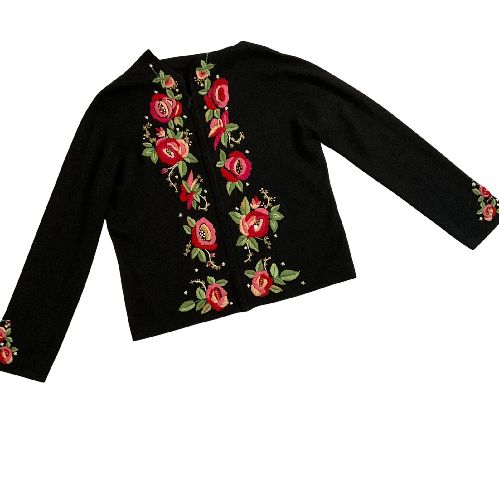 Floral Embroidered Cardigan Black Rayon Blend Cottagecore Womens Jacket